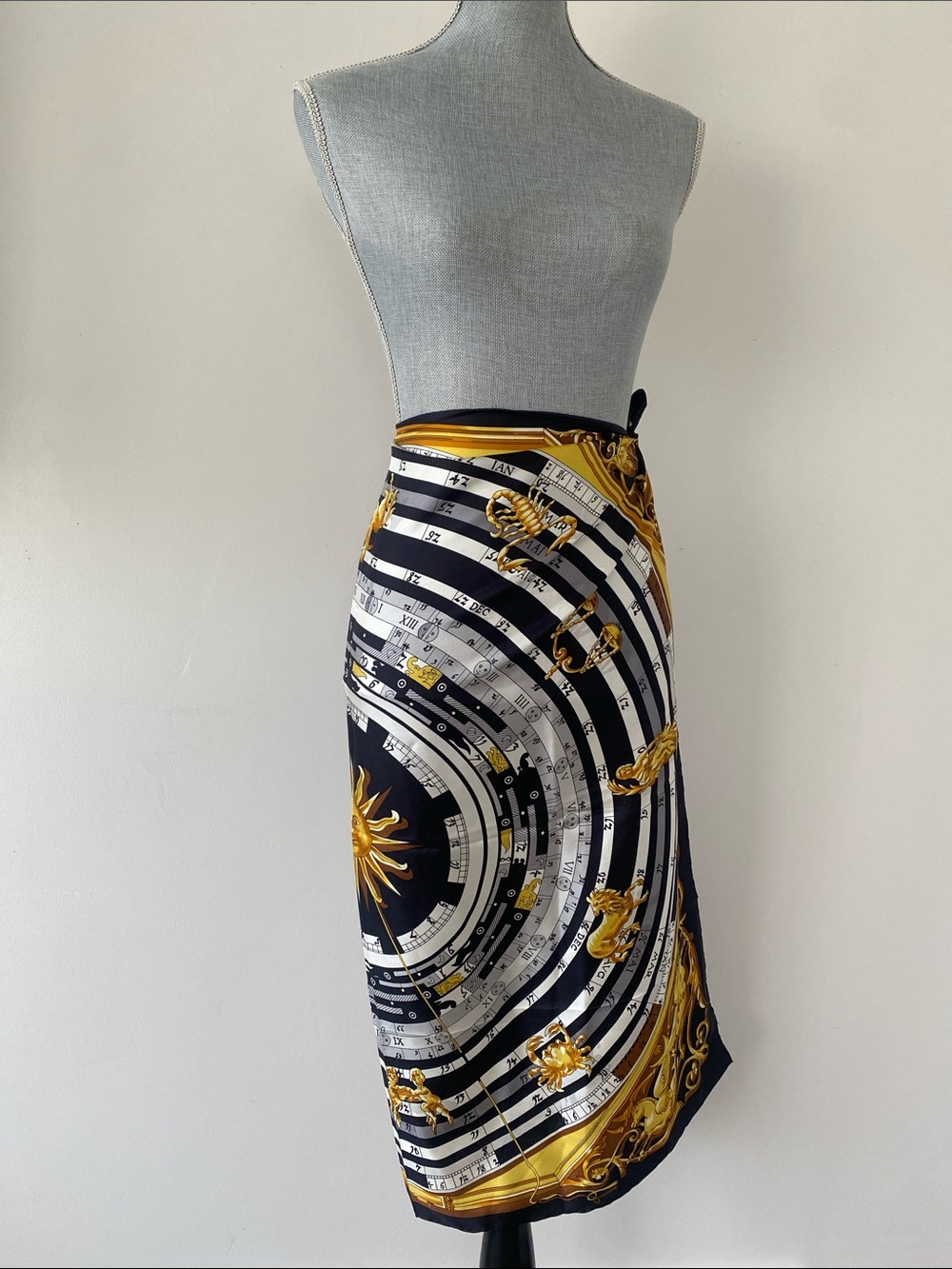 JBK Collection 100% Silk Scarf Black, Gold & White Zodiac Celestial Luxurious